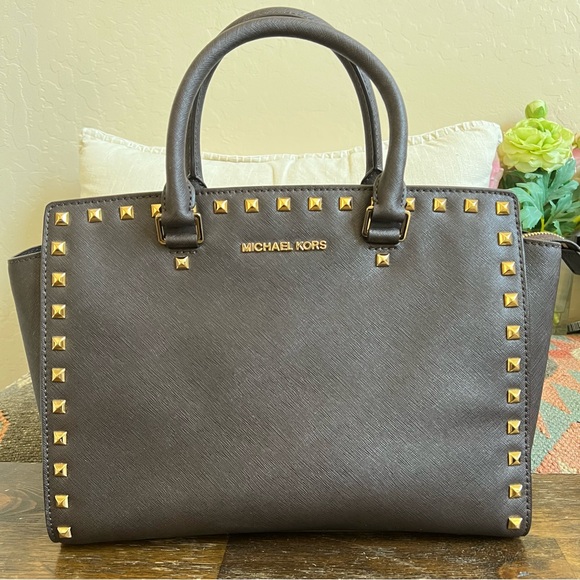 Michael Kors Selma Studded Chocolate Brown Saffiano Leather Large Tote
